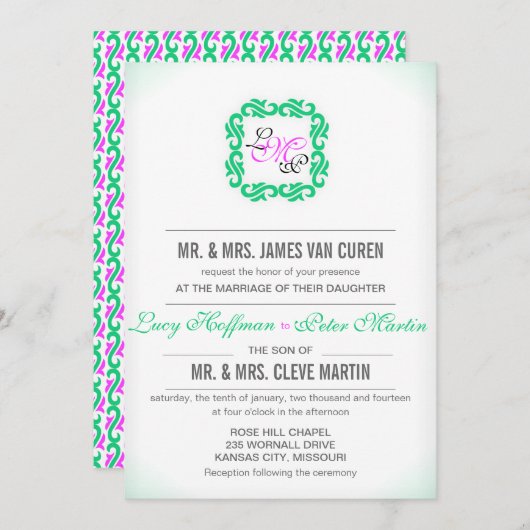 Emerald n Hot roze monogram patroon bruiloft Kaart (Voorkant / Achterkant)