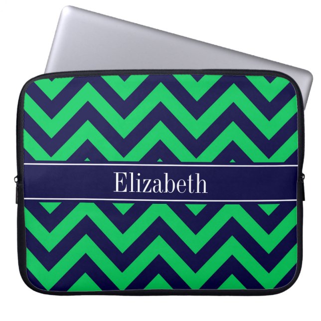 Emerald Navy LG Chevron Navy Blue Name Monogram Laptop Sleeve (Voorkant)