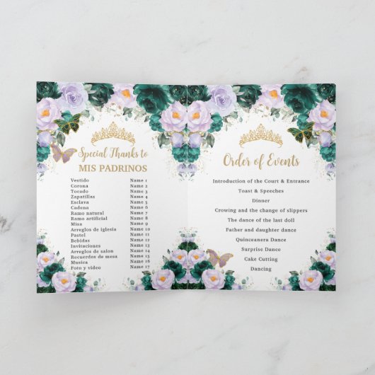 Emerald Paars Floral Quinceañera Orde van Gebeurte Programma (Binnen)