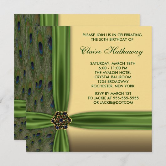 Emerald Peacock Gold 50th Birthday Invitations (Devant / Derrière)