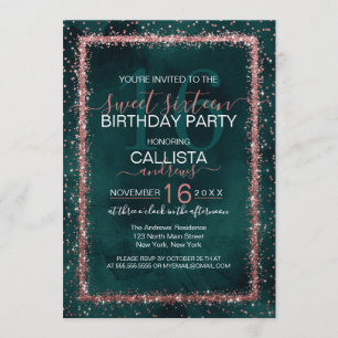Emerald Roos Gold Sprinkled Confetti Sweet 16 Kaart
