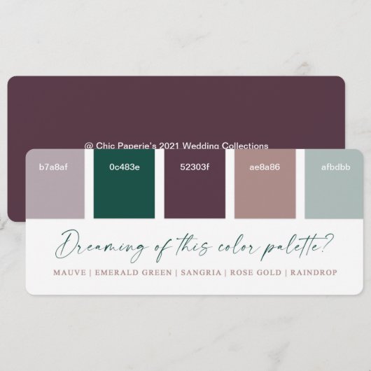 Emerald & Roos Gold Wedding Colour Palette Card Kaart (Voorkant / Achterkant)