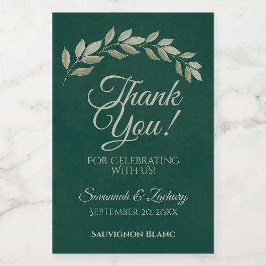 Emerald & Sage Leaves Weddenschap Bedankt Mini Wijn Etiket (Enkel label)