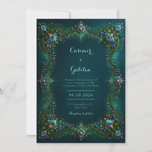 Emerald Sapphire Gilded Floral Wedding Kaart (Voorkant)