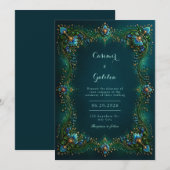 Emerald Sapphire Gilded Floral Wedding Kaart (Voorkant / Achterkant)