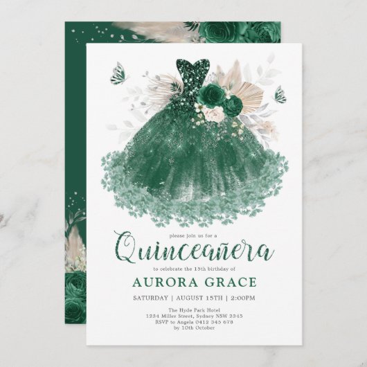Emerald Silver Flower Quinceañera Mis Quince Anos Kaart (Voorkant / Achterkant)