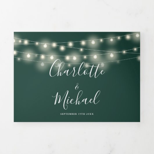 Emerald String Lights Script Monogram Huwelijk Drieluik Uitnodiging (Cover)