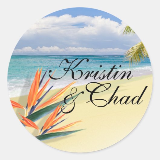 EMERALD WATERS Tropische Strand Bruiloft Ronde Sticker (Voorkant)