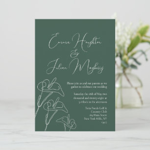 Emerald White Calla Lily Calligraphy Wedding Kaart