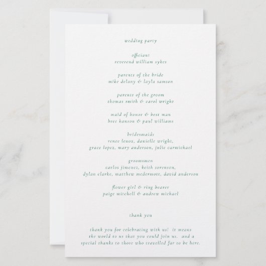 Émeraude verte Élégante Programme de mariage (Dos)