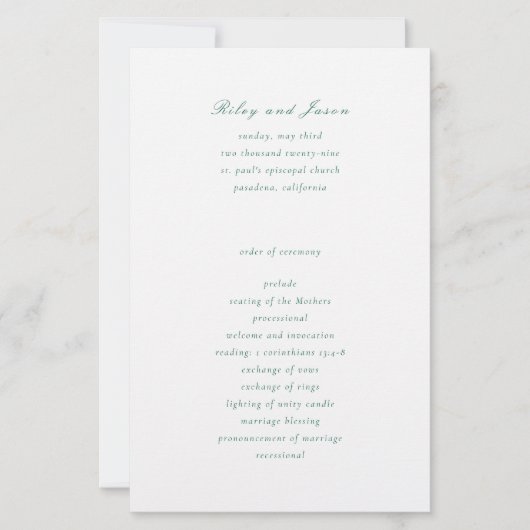 Émeraude verte Élégante Programme de mariage (Devant)