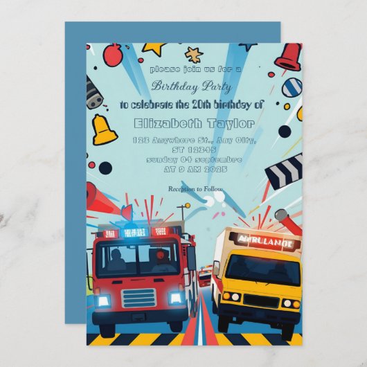 Emergency Vehicles party  invitation    (Devant / Derrière)