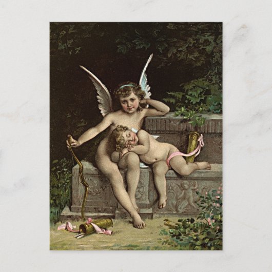 Émile Munier Two Cupid Figures die op een bank zit Briefkaart (Voorkant)