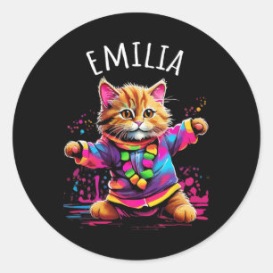 Emilia Kleurrijke Dansende Kat Ontwerp Voor Meisje Ronde Sticker