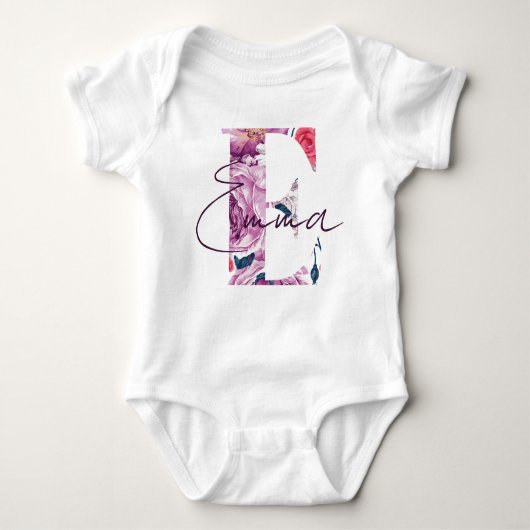 Emma Baby Naam Bloem Script  Bloemen E Meisje Romper (Voorkant)