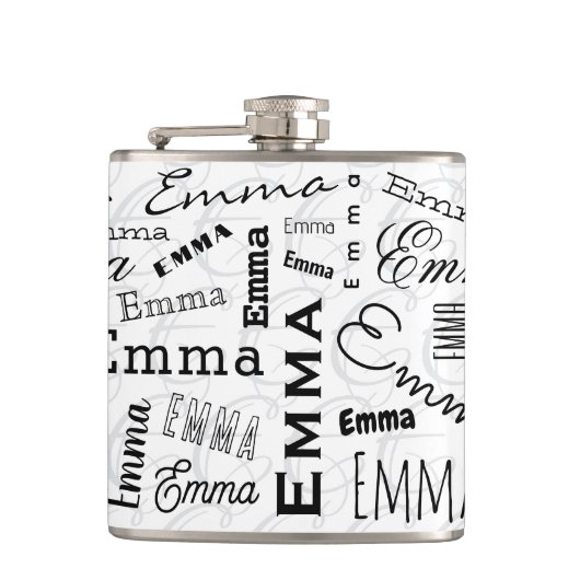 Emma Custom Name Zwart Wit Heupfles (Voorkant)