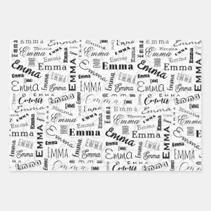 Emma Custom Name Zwart Wit Inpakpapier Vel