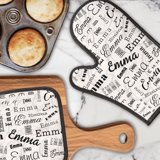 Emma Custom Name Zwart Wit Ovenwant & Pannenlap Set