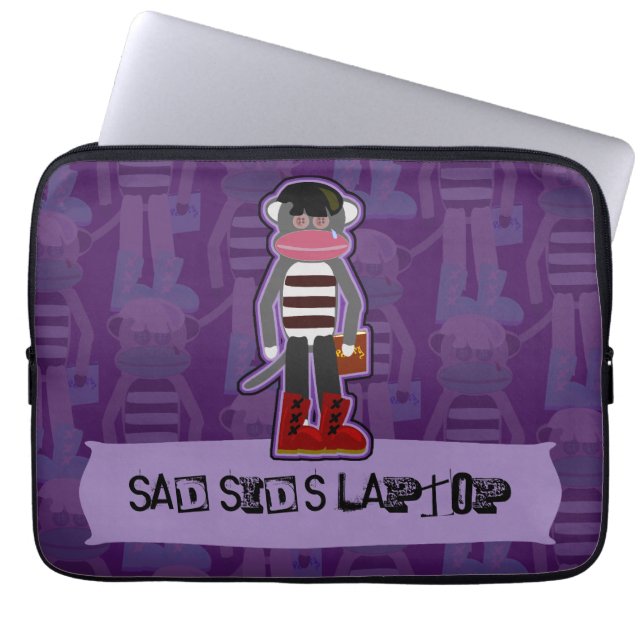 Emo Sock Monkey Paarse Funny Cartoon Art Laptop Sleeve (Voorkant)