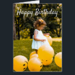Emoji Balloons, Yellow Sunshine Birthday<br><div class="desc">Emoji Balloons, Yellow Sunshine Birthday A little girl dressed in white with several happy emoji balloons at her feet. Above her head it says Happy Birthday and on the inside it can be customized to have the child's name and the giver's name. The sentiment reads "I look over at you...</div>