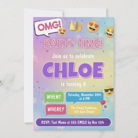 Emoji Party Birthday Invitation Neon Kids Theme Kaart (Voorkant)