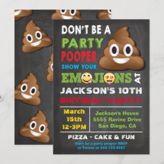 Emoji Party Pooper Birthay Invitation (Devant / Derrière)