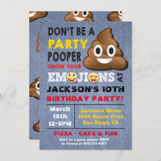 Emoji Party Pooper Birthay Invitation (Devant / Derrière)