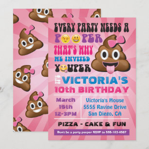 Emoji Party Pooper Girl Birthay Uitnodiging