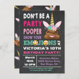 Emoji Party Pooper Unicorn Birthay Invitation