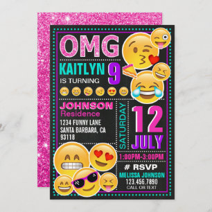 Emoji Pink Glitter Birthday Uitnodiging