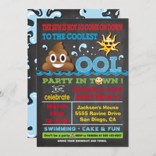 Emoji Pool Party Pooper Anniversaire Invitation (Devant / Derrière)