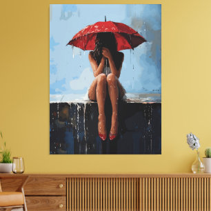 Emotioneel Vrouwelijk Portret met Rode Paraplu Canvas Afdruk