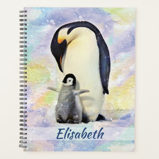 Empereur Penguin avec l'aquarelle de bébé poussin (Devant)