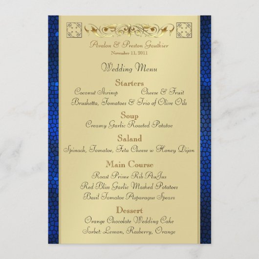 Emperor Blue Scroll Glas in lood Wedding Menu (Voorkant)