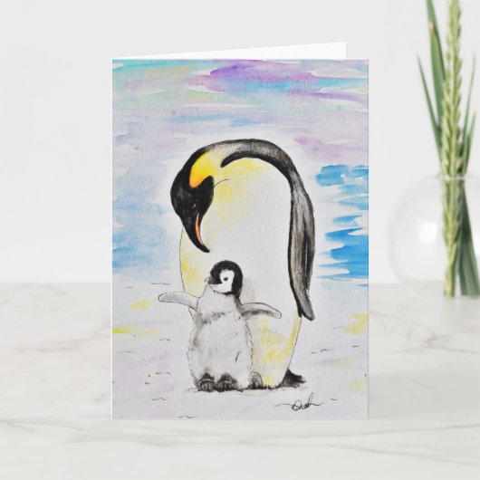 Emperor Penguin en Chick Waterverf Painting Kaart (Voorkant)