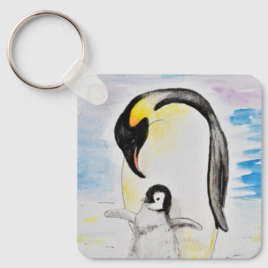 Emperor Penguin en Chick Waterverf Painting Keyc Sleutelhanger (Voorkant)