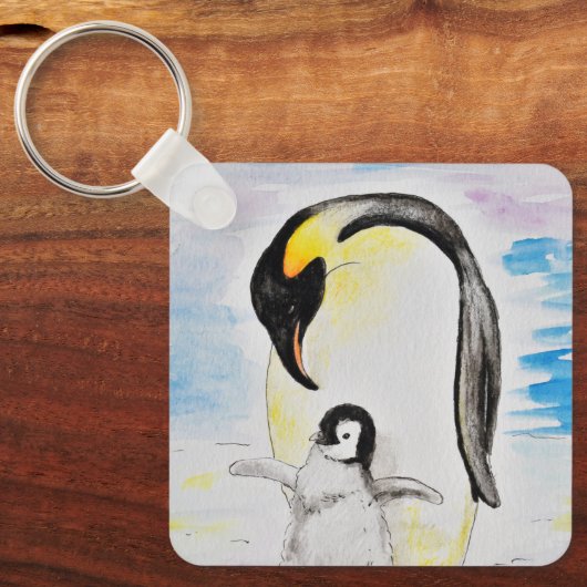 Emperor Penguin en Chick Waterverf Painting Keyc Sleutelhanger (Voorkant)