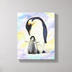 Emperor Penguin met Baby Chick Waterverf Canvas Afdruk