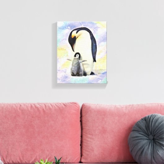 Emperor Penguin met Baby Chick Waterverf Canvas Afdruk (Insitu (Woonkamer))