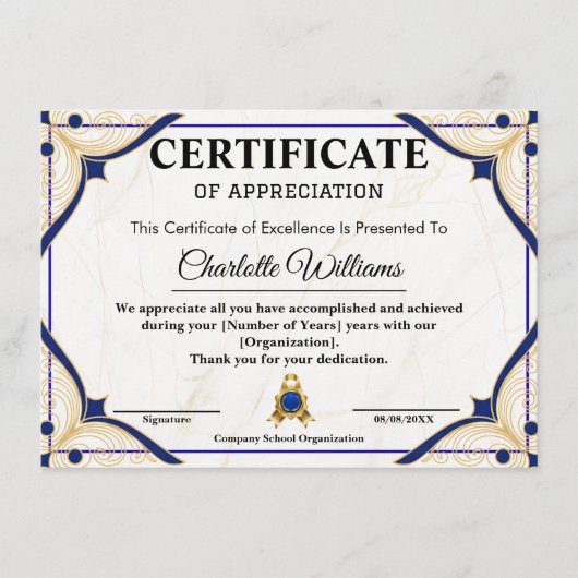 Employee Recognition Certificate Blue Gold Informatiekaartje (Voorkant)