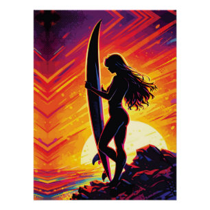 Empowering Surfer Girl Zonsondergang Silhouet Pop Perfect Poster