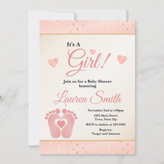 Empreinte Baby shower Invitation fille, orteils bé (Devant)