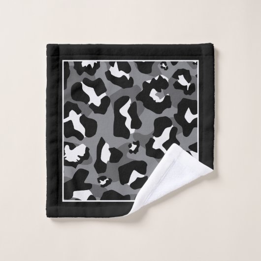 Empreinte de léopard et monogramme noir, blanc et  (Gant de toilette)