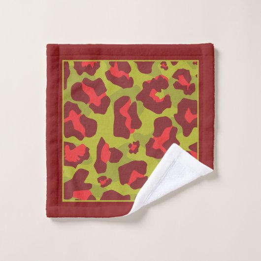 Empreinte de léopard et monogramme rouge et vert (Gant de toilette)