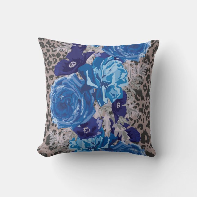 Empreinte de léopard Floral bleu Coussin décoratif (Recto)