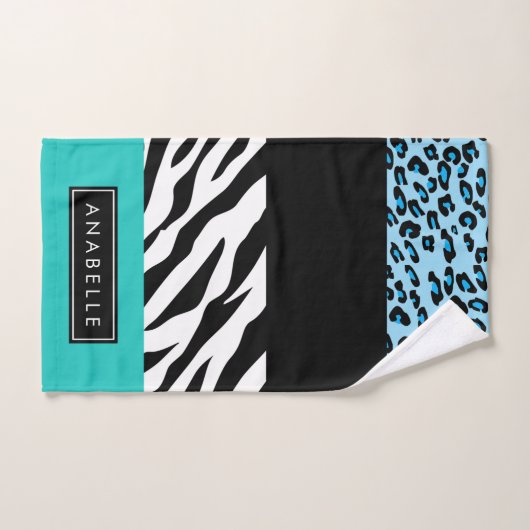 Empreinte de léopard, Zebra Print, Bleu, Votre nom (Serviette à main)