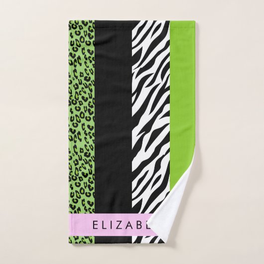 Empreinte de léopard, Zebra Print, Vert, Votre nom (Serviette à main)
