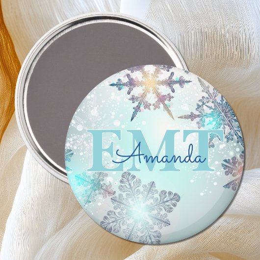 EMT Ice Blue Snowflake Personalized Name Magneet