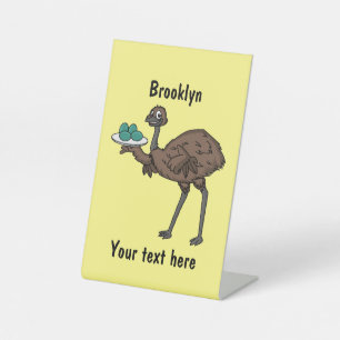 Emu met cartoon van eieren reclamebord met voetstuk