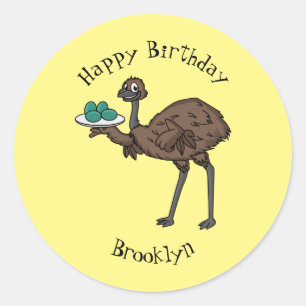 Emu met cartoon van eieren ronde sticker